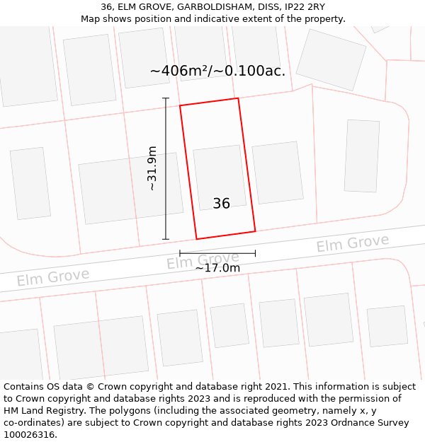 36, ELM GROVE, GARBOLDISHAM, DISS, IP22 2RY: Plot and title map