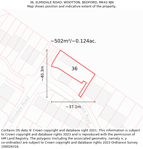 36, ELMSDALE ROAD, WOOTTON, BEDFORD, MK43 9JN: Plot and title map