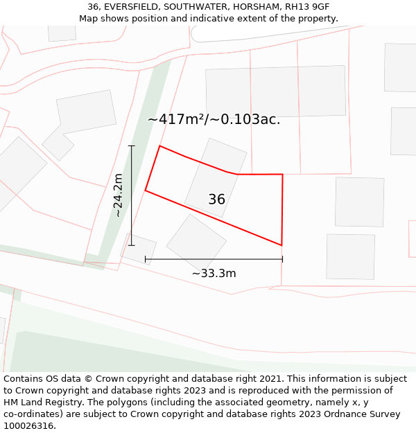 36, EVERSFIELD, SOUTHWATER, HORSHAM, RH13 9GF: Plot and title map