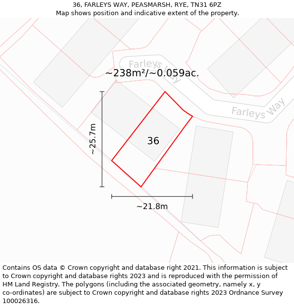 36, FARLEYS WAY, PEASMARSH, RYE, TN31 6PZ: Plot and title map