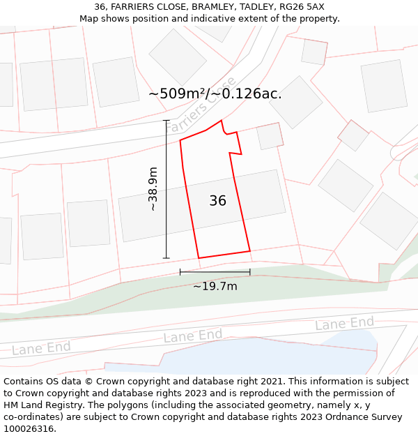 36, FARRIERS CLOSE, BRAMLEY, TADLEY, RG26 5AX: Plot and title map