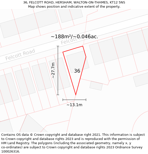 36, FELCOTT ROAD, HERSHAM, WALTON-ON-THAMES, KT12 5NS: Plot and title map