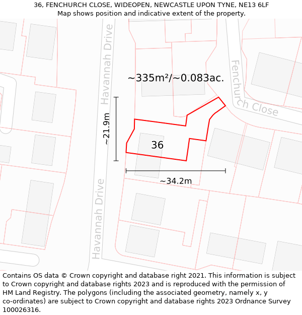 36, FENCHURCH CLOSE, WIDEOPEN, NEWCASTLE UPON TYNE, NE13 6LF: Plot and title map