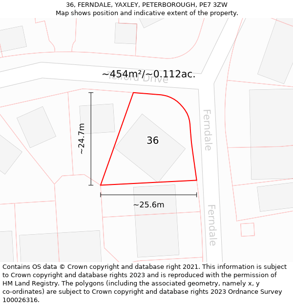 36, FERNDALE, YAXLEY, PETERBOROUGH, PE7 3ZW: Plot and title map