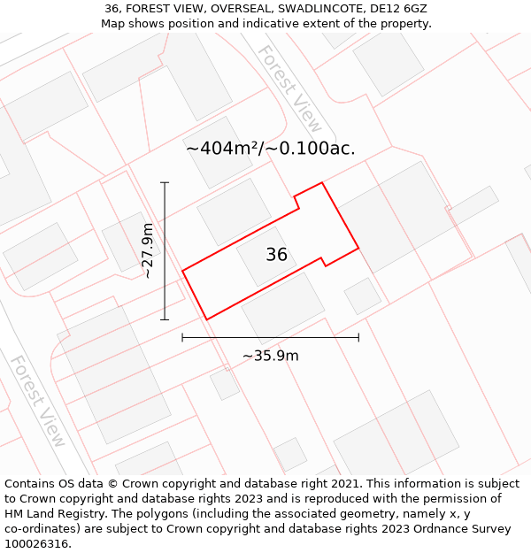 36, FOREST VIEW, OVERSEAL, SWADLINCOTE, DE12 6GZ: Plot and title map