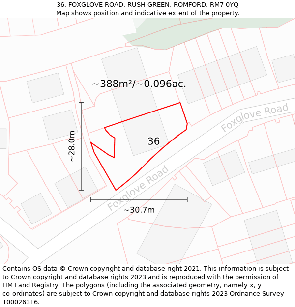 36, FOXGLOVE ROAD, RUSH GREEN, ROMFORD, RM7 0YQ: Plot and title map