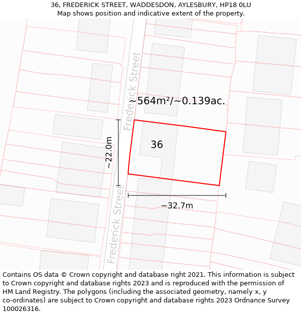 36, FREDERICK STREET, WADDESDON, AYLESBURY, HP18 0LU: Plot and title map