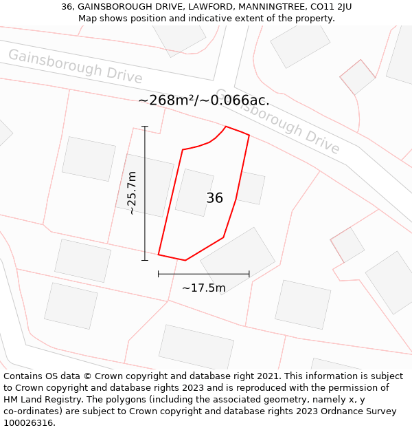 36, GAINSBOROUGH DRIVE, LAWFORD, MANNINGTREE, CO11 2JU: Plot and title map