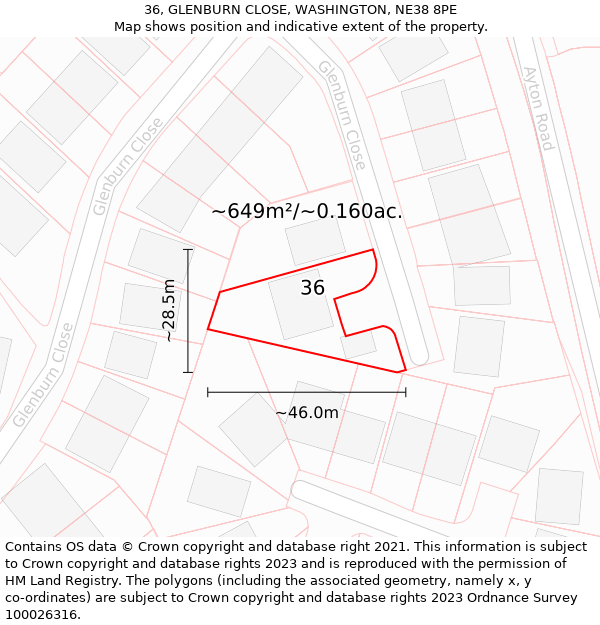 36, GLENBURN CLOSE, WASHINGTON, NE38 8PE: Plot and title map