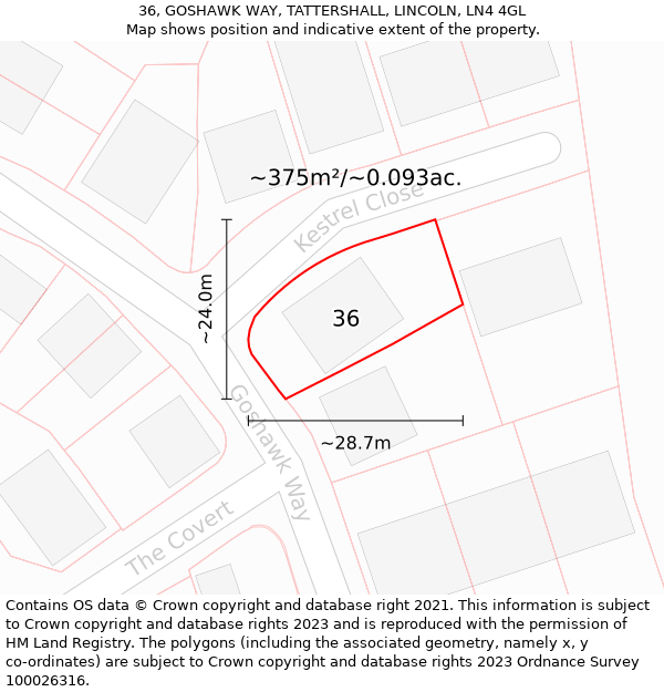 36, GOSHAWK WAY, TATTERSHALL, LINCOLN, LN4 4GL: Plot and title map