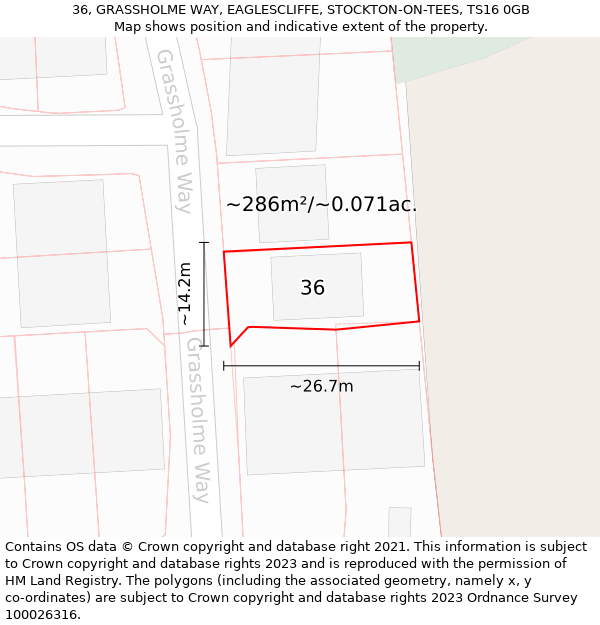 36, GRASSHOLME WAY, EAGLESCLIFFE, STOCKTON-ON-TEES, TS16 0GB: Plot and title map