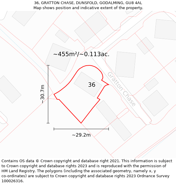 36, GRATTON CHASE, DUNSFOLD, GODALMING, GU8 4AL: Plot and title map