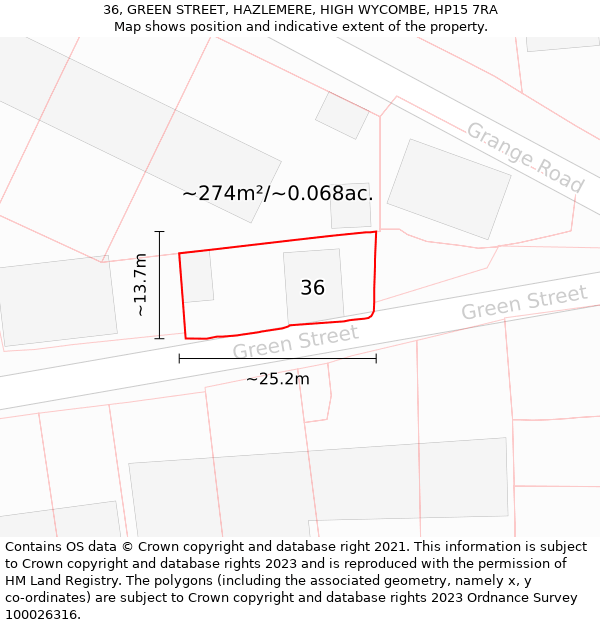 36, GREEN STREET, HAZLEMERE, HIGH WYCOMBE, HP15 7RA: Plot and title map