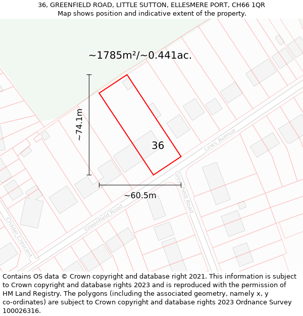 36, GREENFIELD ROAD, LITTLE SUTTON, ELLESMERE PORT, CH66 1QR: Plot and title map