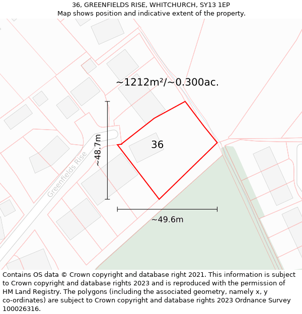 36, GREENFIELDS RISE, WHITCHURCH, SY13 1EP: Plot and title map