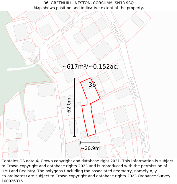 36, GREENHILL, NESTON, CORSHAM, SN13 9SQ: Plot and title map