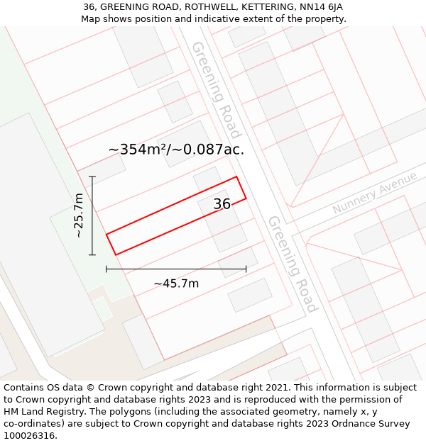 36, GREENING ROAD, ROTHWELL, KETTERING, NN14 6JA: Plot and title map