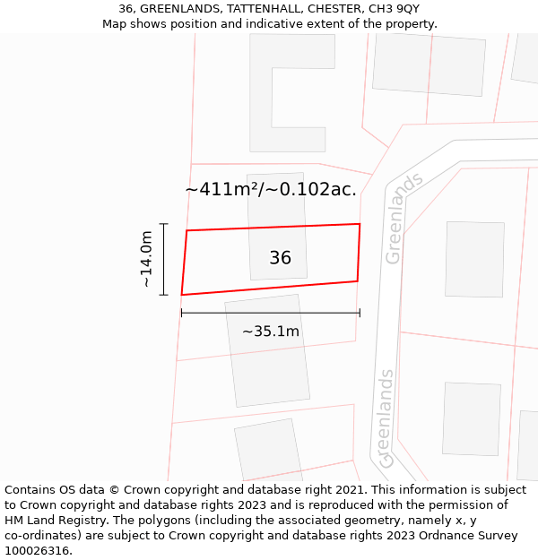 36, GREENLANDS, TATTENHALL, CHESTER, CH3 9QY: Plot and title map