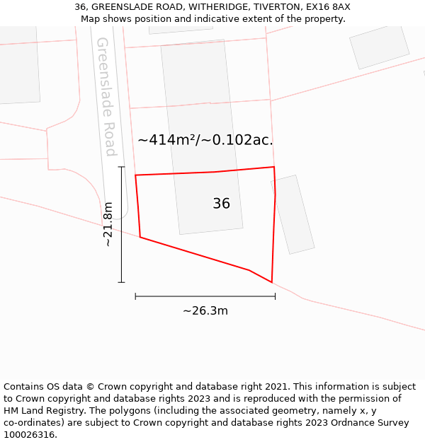36, GREENSLADE ROAD, WITHERIDGE, TIVERTON, EX16 8AX: Plot and title map