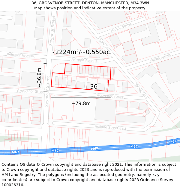 36, GROSVENOR STREET, DENTON, MANCHESTER, M34 3WN: Plot and title map