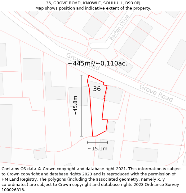 36, GROVE ROAD, KNOWLE, SOLIHULL, B93 0PJ: Plot and title map