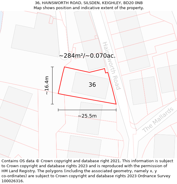 36, HAINSWORTH ROAD, SILSDEN, KEIGHLEY, BD20 0NB: Plot and title map