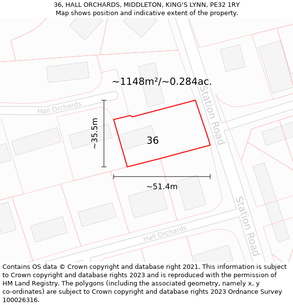 36, HALL ORCHARDS, MIDDLETON, KING'S LYNN, PE32 1RY: Plot and title map