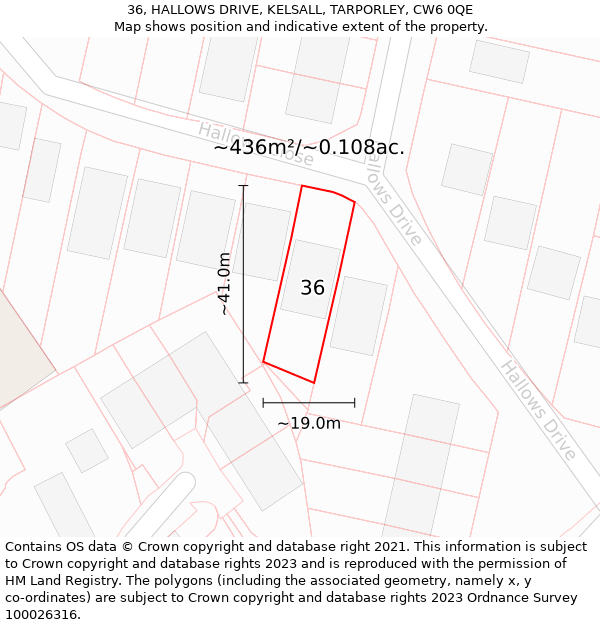 36, HALLOWS DRIVE, KELSALL, TARPORLEY, CW6 0QE: Plot and title map