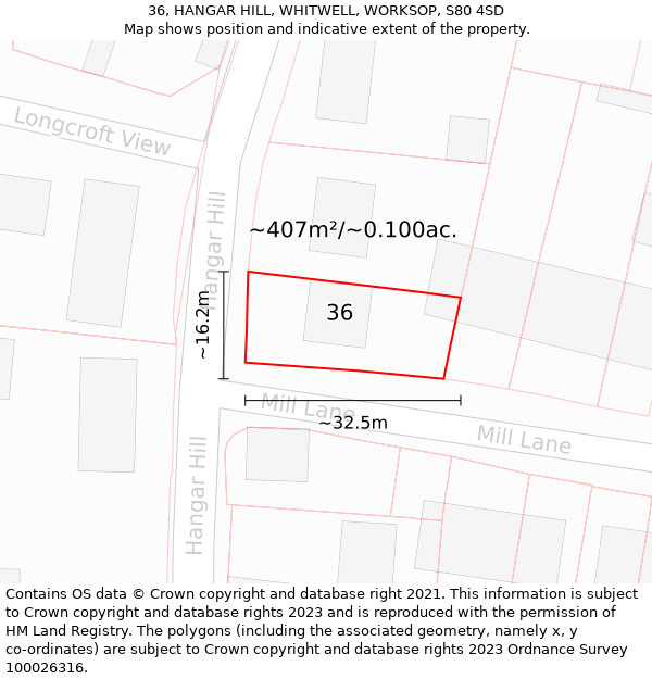 36, HANGAR HILL, WHITWELL, WORKSOP, S80 4SD: Plot and title map