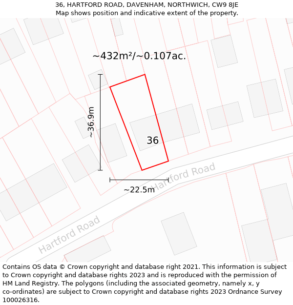 36, HARTFORD ROAD, DAVENHAM, NORTHWICH, CW9 8JE: Plot and title map