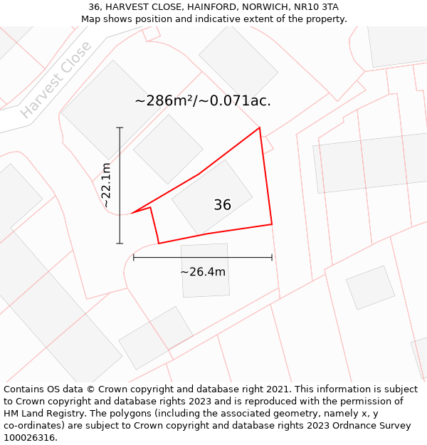 36, HARVEST CLOSE, HAINFORD, NORWICH, NR10 3TA: Plot and title map