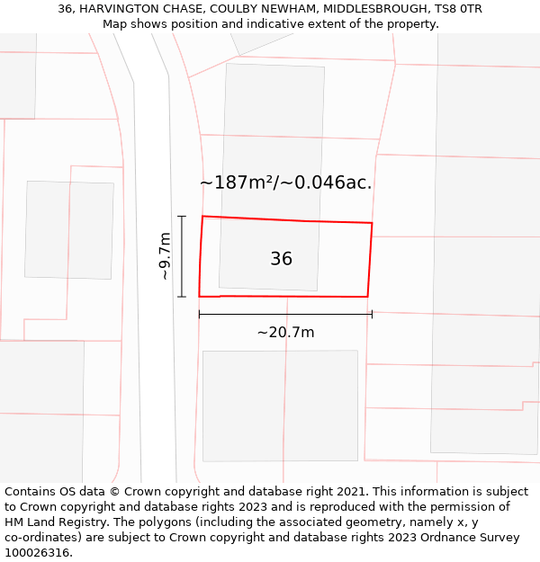 36, HARVINGTON CHASE, COULBY NEWHAM, MIDDLESBROUGH, TS8 0TR: Plot and title map