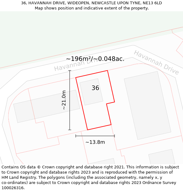 36, HAVANNAH DRIVE, WIDEOPEN, NEWCASTLE UPON TYNE, NE13 6LD: Plot and title map