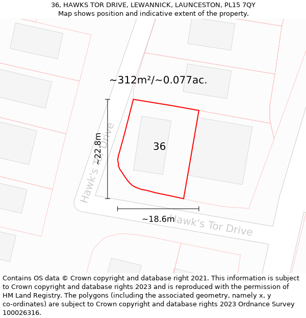 36, HAWKS TOR DRIVE, LEWANNICK, LAUNCESTON, PL15 7QY: Plot and title map