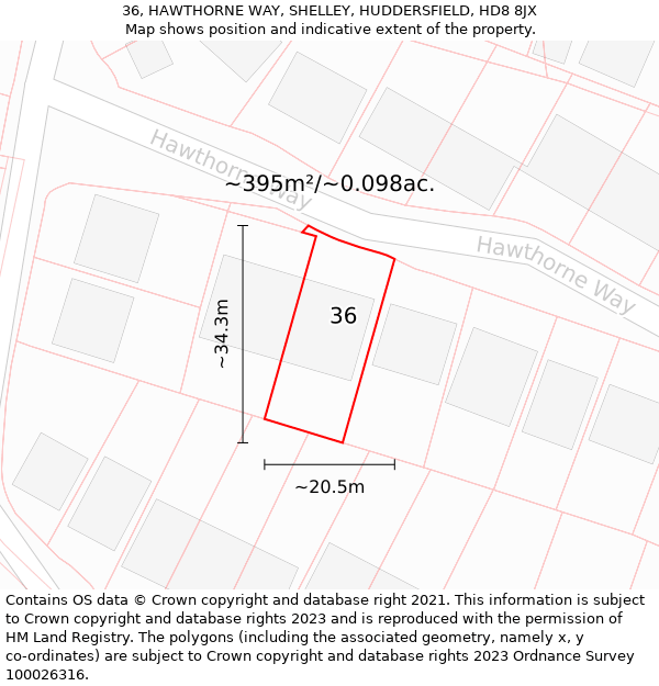 36, HAWTHORNE WAY, SHELLEY, HUDDERSFIELD, HD8 8JX: Plot and title map