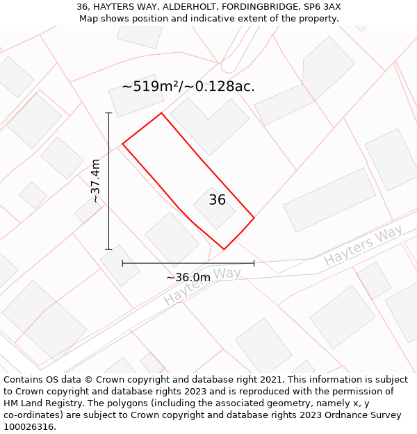 36, HAYTERS WAY, ALDERHOLT, FORDINGBRIDGE, SP6 3AX: Plot and title map