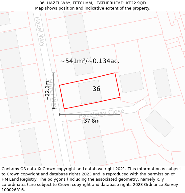 36, HAZEL WAY, FETCHAM, LEATHERHEAD, KT22 9QD: Plot and title map