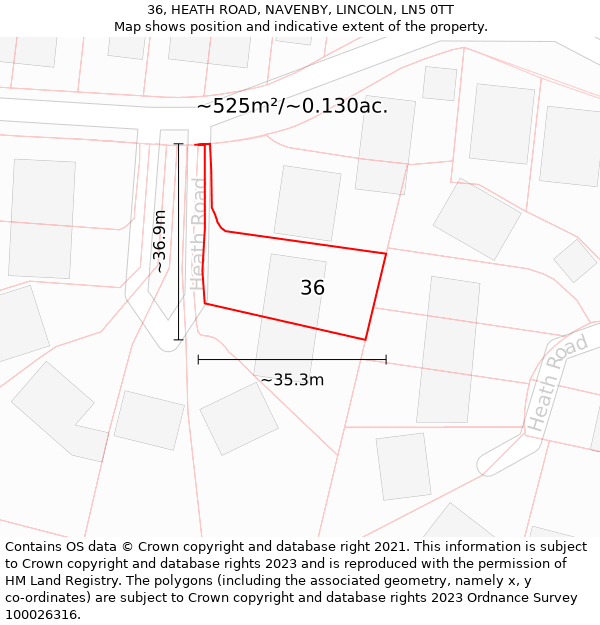 36, HEATH ROAD, NAVENBY, LINCOLN, LN5 0TT: Plot and title map