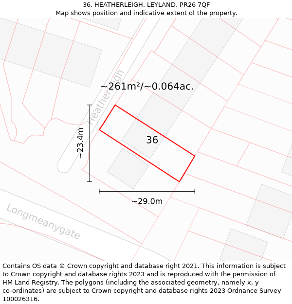 36, HEATHERLEIGH, LEYLAND, PR26 7QF: Plot and title map