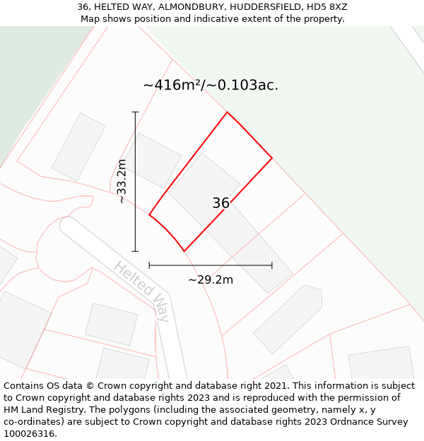 36, HELTED WAY, ALMONDBURY, HUDDERSFIELD, HD5 8XZ: Plot and title map