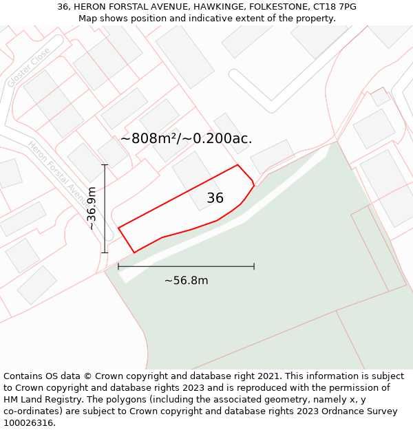 36, HERON FORSTAL AVENUE, HAWKINGE, FOLKESTONE, CT18 7PG: Plot and title map