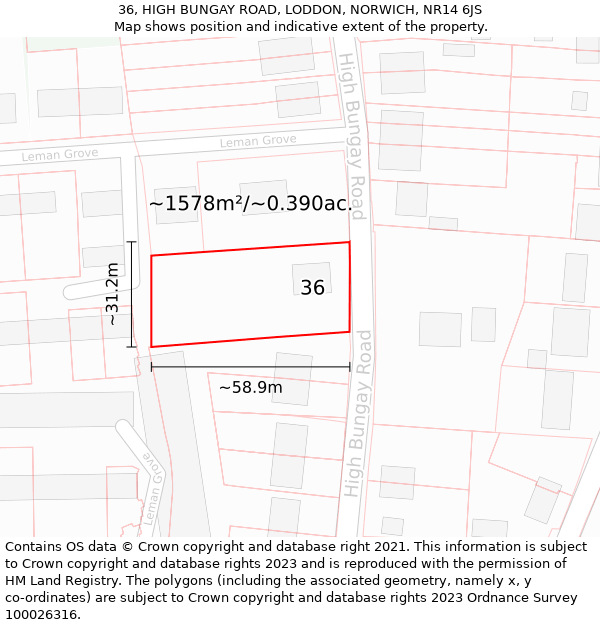 36, HIGH BUNGAY ROAD, LODDON, NORWICH, NR14 6JS: Plot and title map