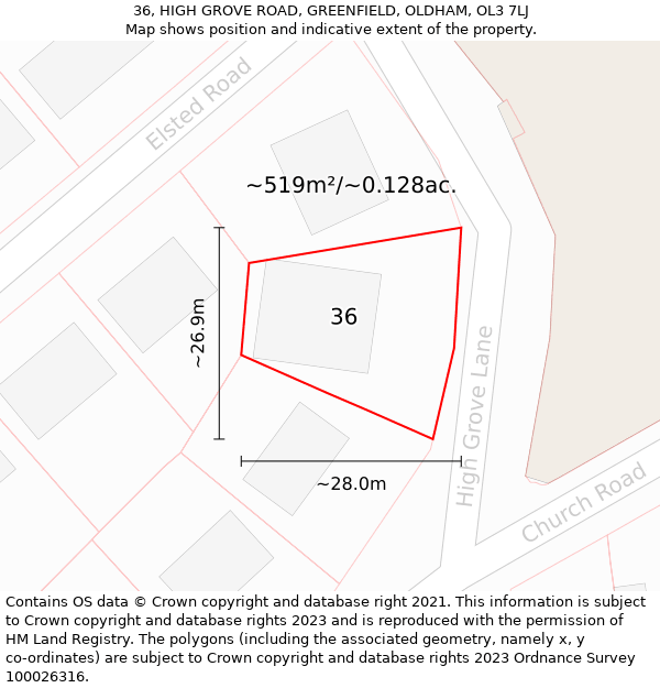 36, HIGH GROVE ROAD, GREENFIELD, OLDHAM, OL3 7LJ: Plot and title map