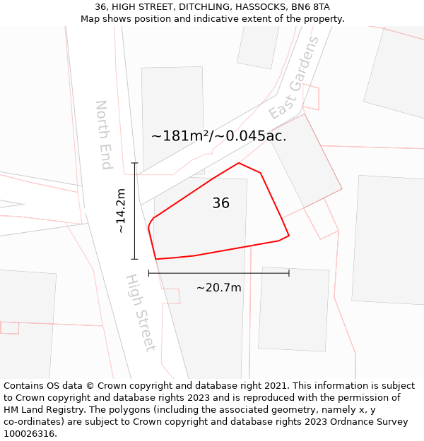 36, HIGH STREET, DITCHLING, HASSOCKS, BN6 8TA: Plot and title map