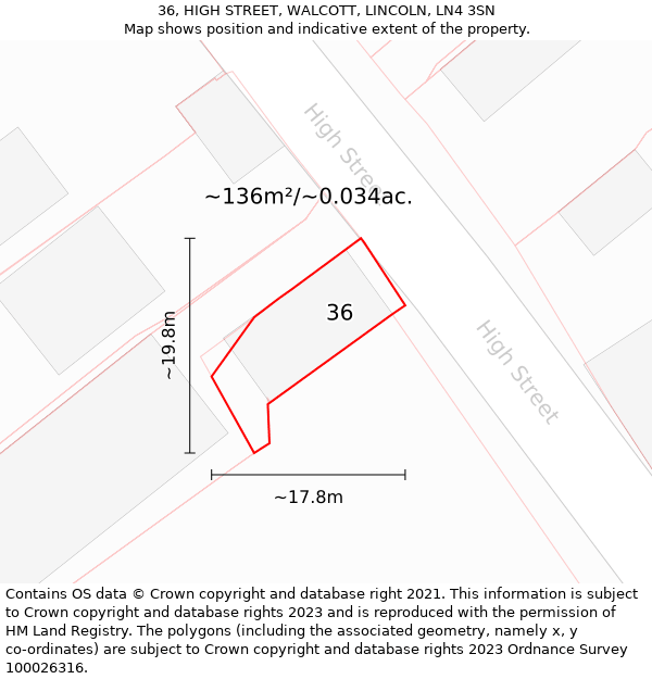 36, HIGH STREET, WALCOTT, LINCOLN, LN4 3SN: Plot and title map