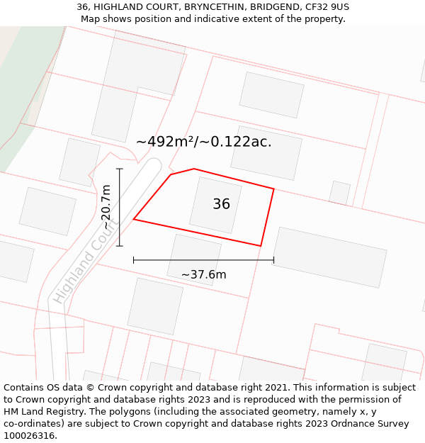 36, HIGHLAND COURT, BRYNCETHIN, BRIDGEND, CF32 9US: Plot and title map