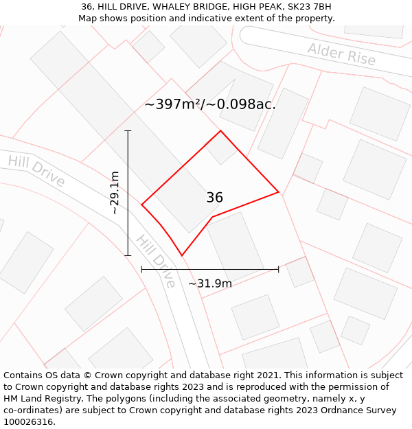 36, HILL DRIVE, WHALEY BRIDGE, HIGH PEAK, SK23 7BH: Plot and title map