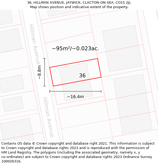 36, HILLMAN AVENUE, JAYWICK, CLACTON-ON-SEA, CO15 2JL: Plot and title map