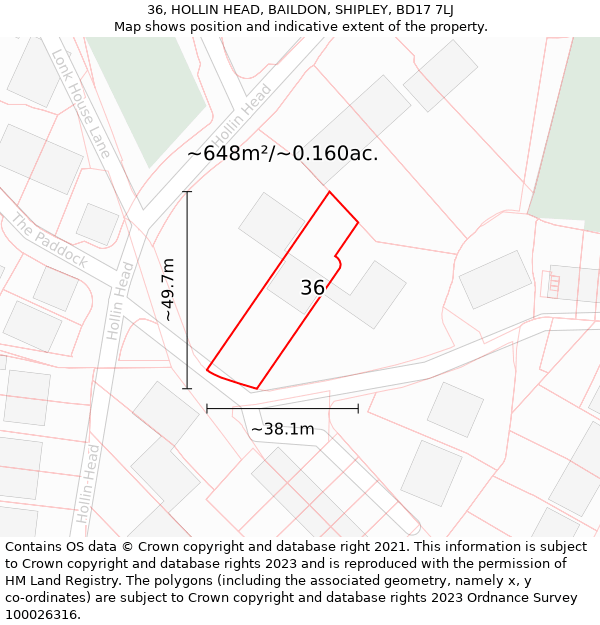 36, HOLLIN HEAD, BAILDON, SHIPLEY, BD17 7LJ: Plot and title map