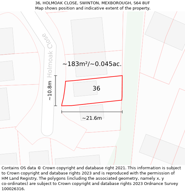 36, HOLMOAK CLOSE, SWINTON, MEXBOROUGH, S64 8UF: Plot and title map